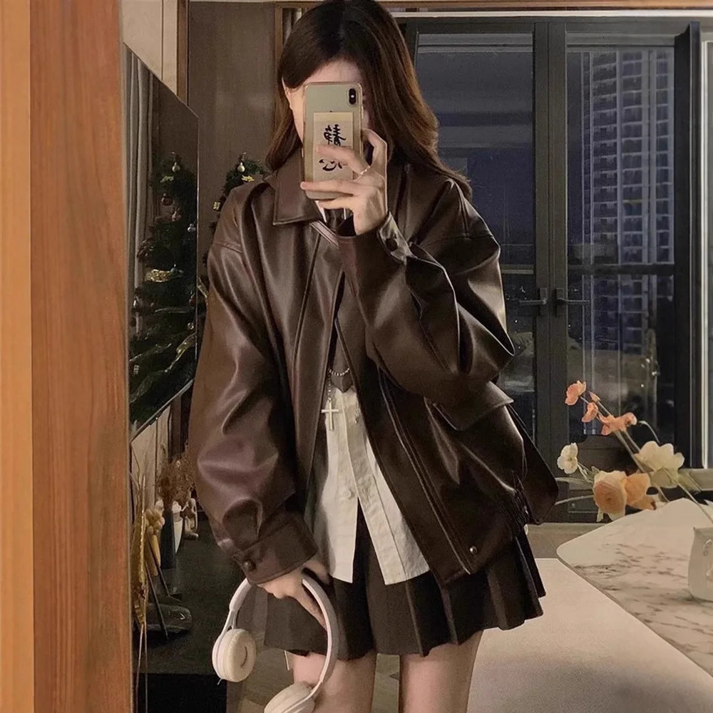 2025 Meridian Brown Biker Leather Jacket Female Spring and Fall American Retro Windproof Pu Jacket 250530