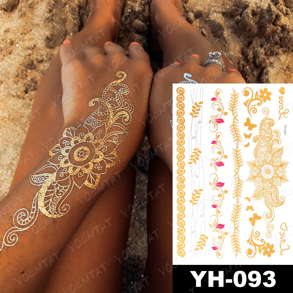 Waterproof Temporary Tattoo Sticker Hand Henna Flower Mandala Gold Silver Metallic Boho Lotus Totem Flash Tatoo Body Art Women 250530