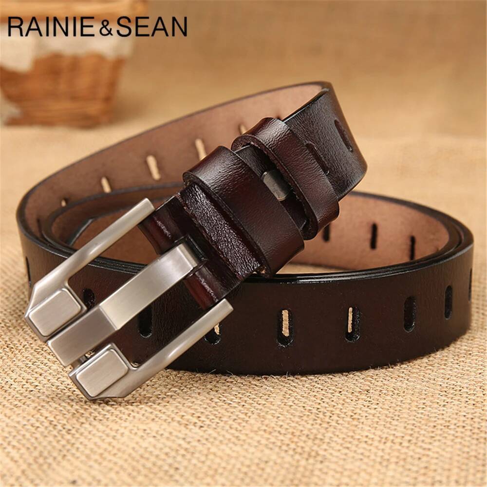 RAINIE SEAN Red Women Pin Buckle Real Belts for Jeans Genuine Leather Cowskin High Quality Solid Ladies Belt 110cm