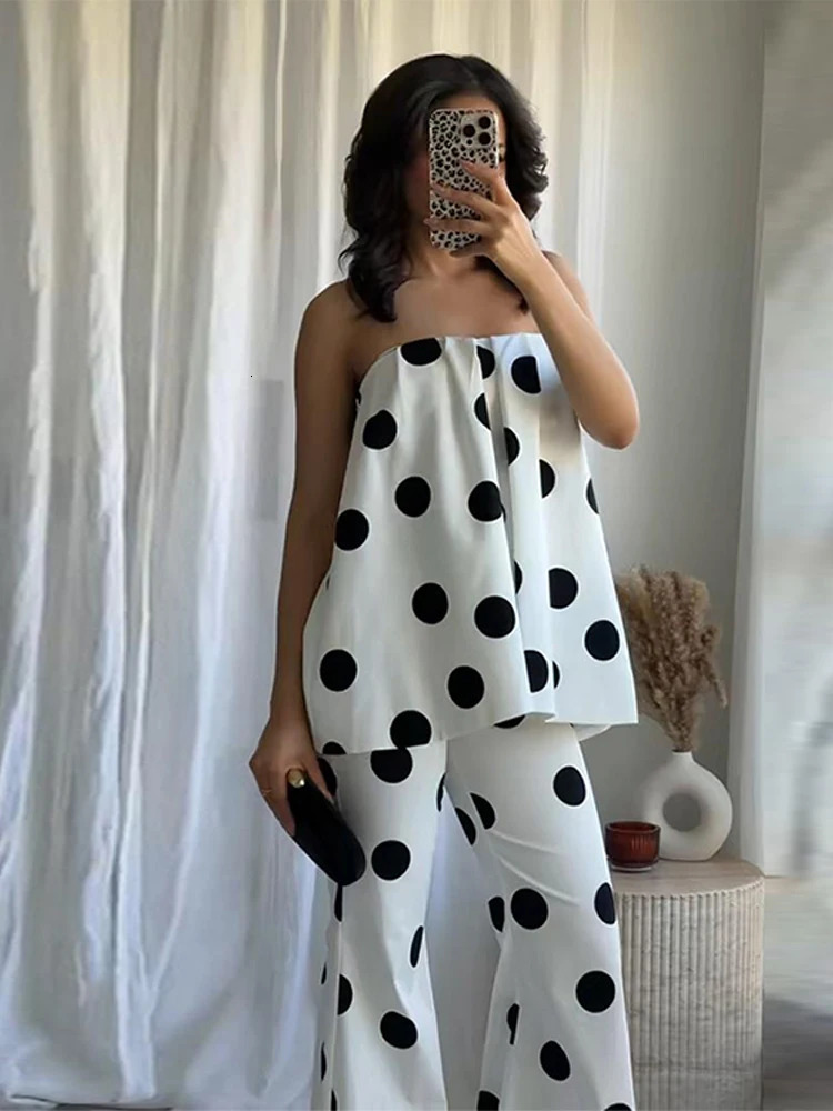 Fashion Polka Dot Womens Two Piece Suit Strapless Sleeveless Draped Top Loose Flared Long Pants Summer Lady Causal Outfits 250527