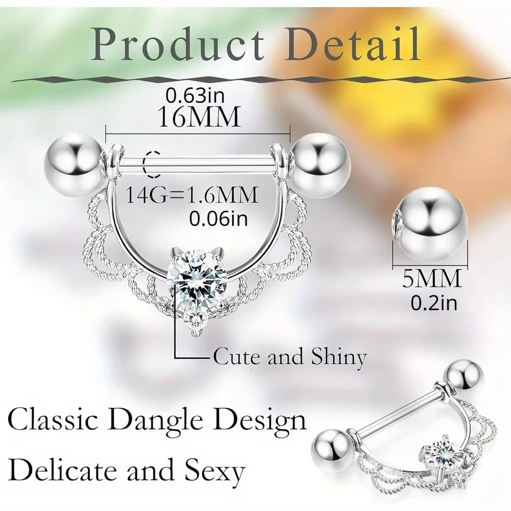 Bobisty 1pc 14G Nipple Rings 316L Steel Heart CZ Tongue Barbell Body Piercing Ring 250526