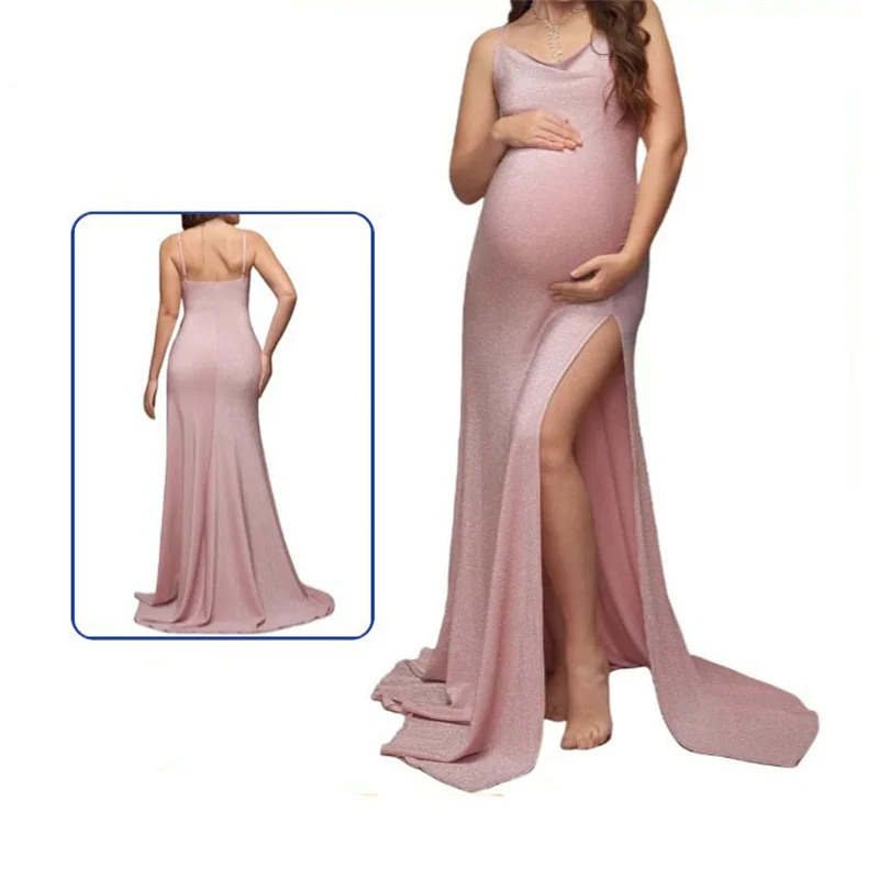 Pink Off-the-shoulder Pregnant Women Evening Dress Sexy Suspender High Slit Hip Wrap Summer Long Dress for Po Shoot 250530