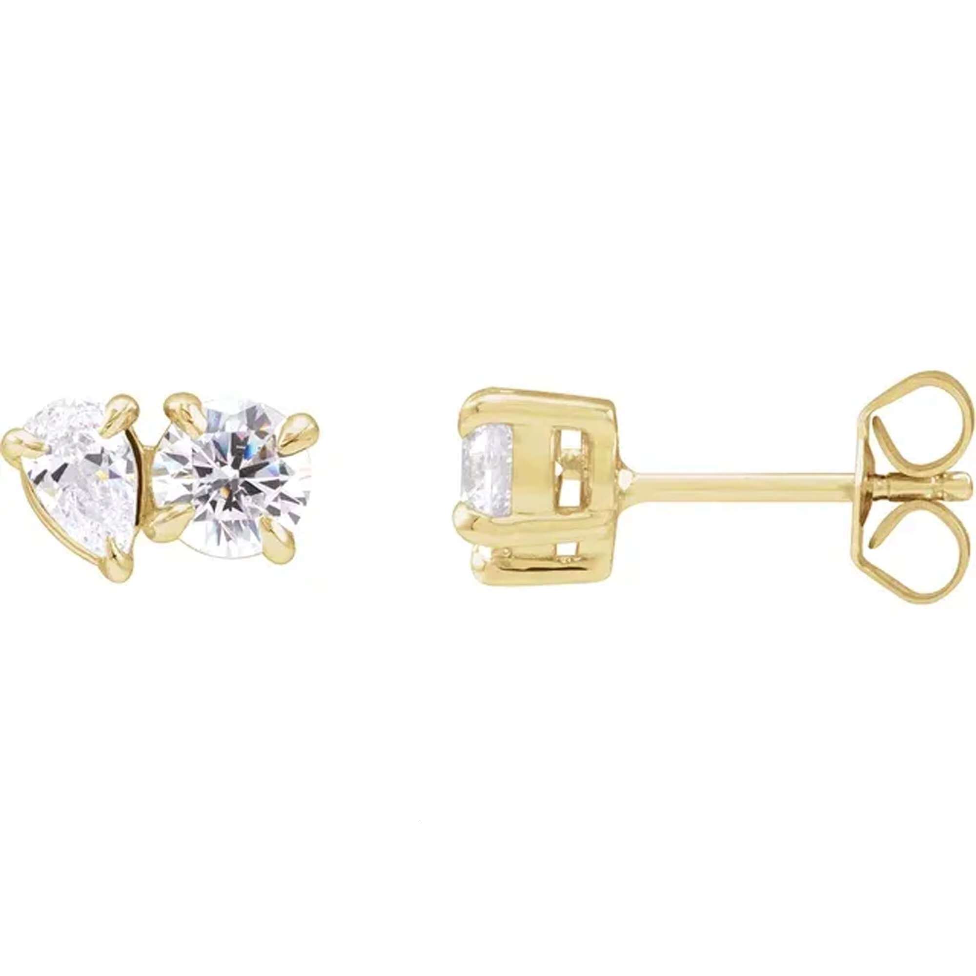 Two Stone Moissanite Earring Toi Et Moi Stud Earring 2.00 CTW Pear Round Cut Moissanite Stud Yellow Gold D/VVS1 Earring Woman