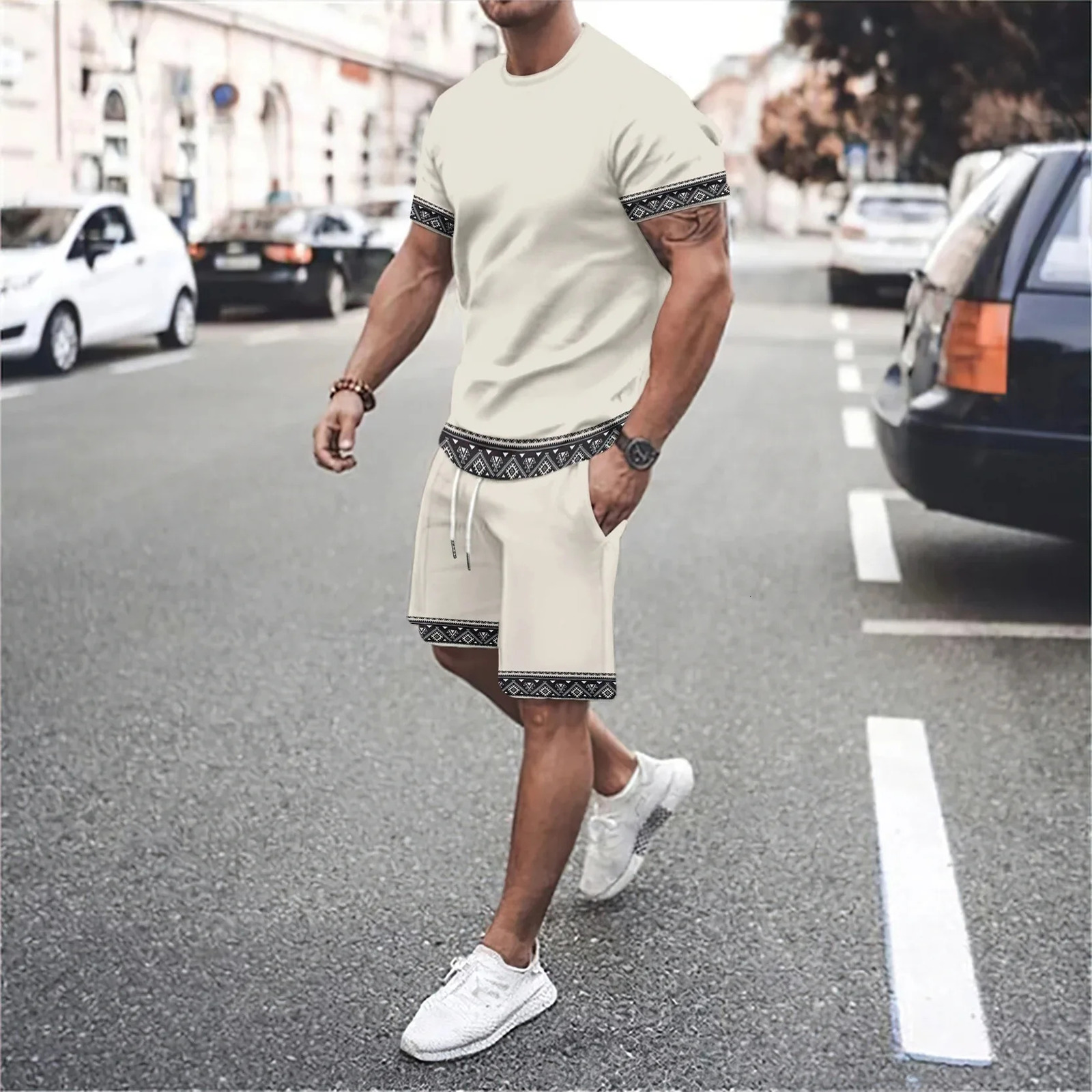 Summer vocation Mens Tshirt Set 3D Print Solid Color Men Round Neck TShirt Shorts Two Piece Casual Man Suits Clothing 250530