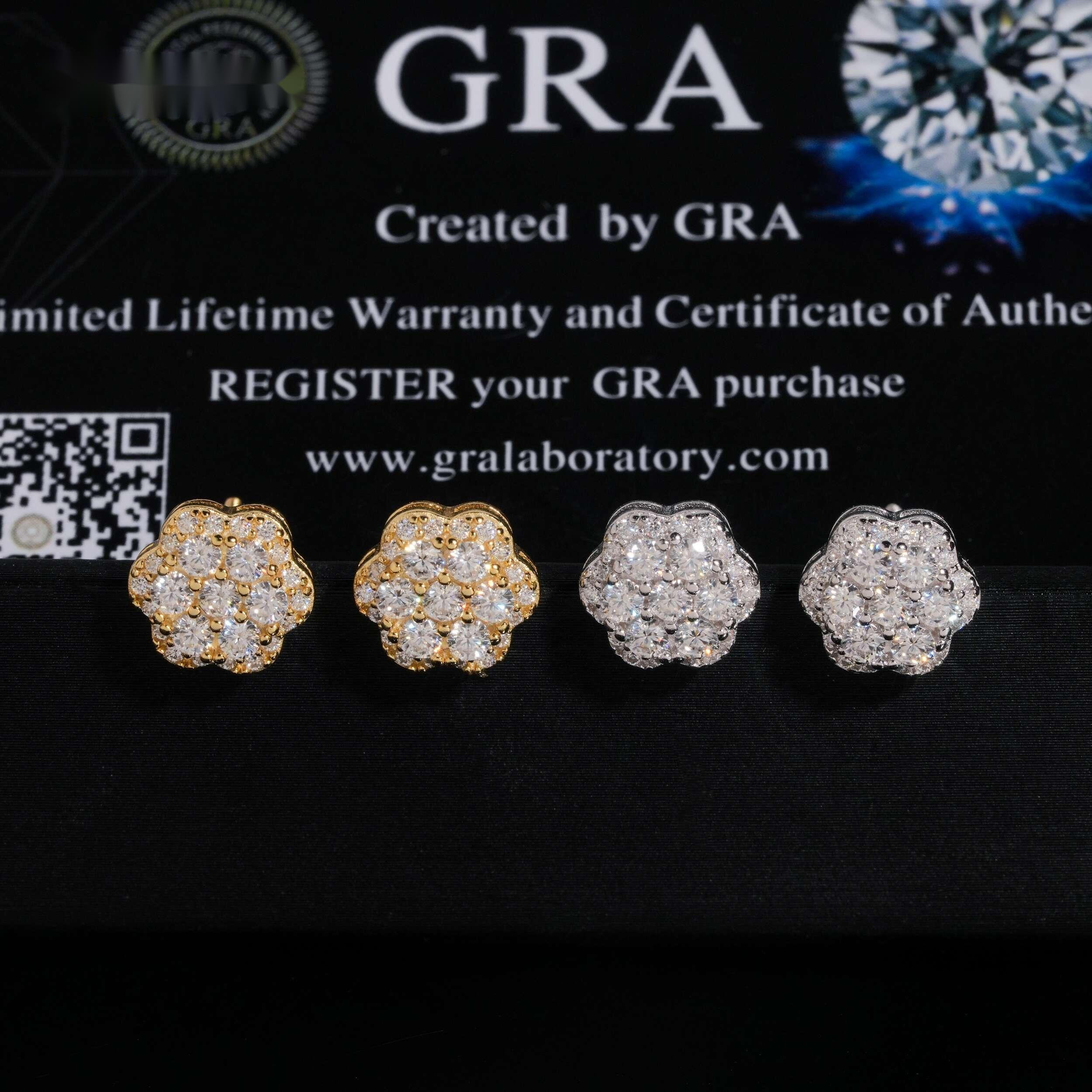 High Quality 925 Sterling Silver Flower Iced Out Diamond Hip Hop Screw Back Moissanite Stud Earrings