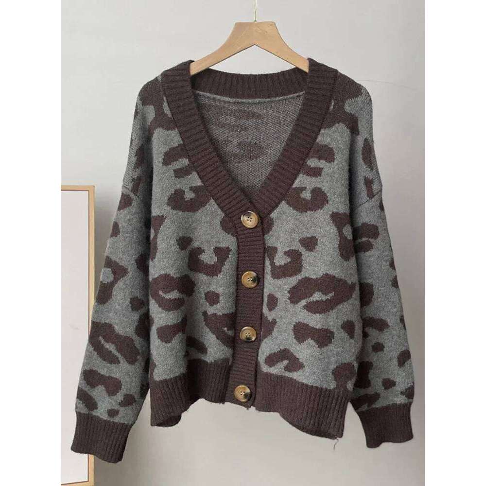 Aoaiiys Leopard Knitted Cardigan For Women Sweater Single Breasted V-Neck Long Sleeve Coat Autumn Winter 2025 Fashion Cardigans
