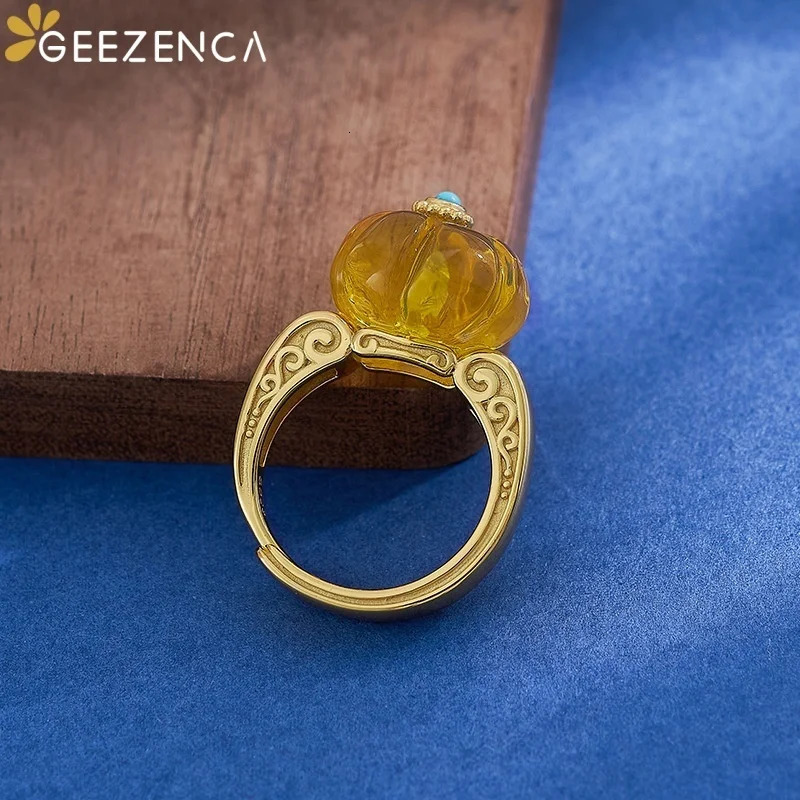 GEEZENCA Cloudy Amber S925 Silver 18K Gold Turquoise Open Ring Women Pumpkin Shape Delicate Dainty Statement Rings Love Gift Her 250526