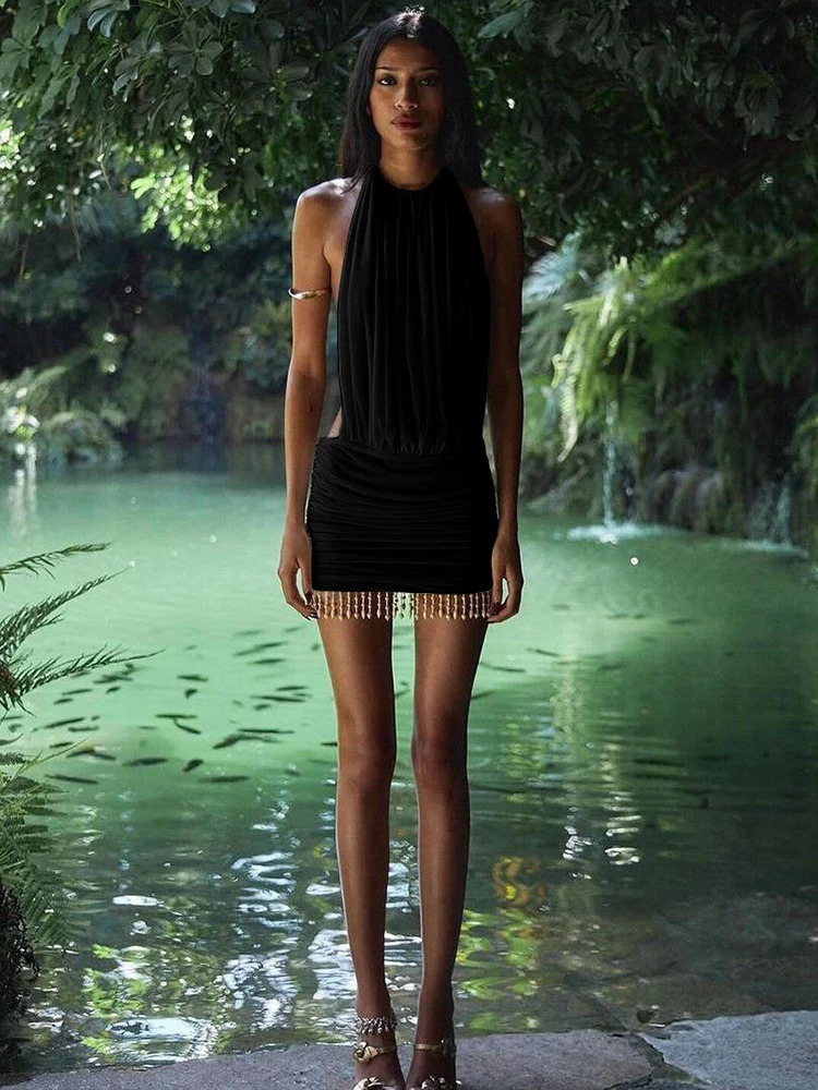 Weird Puss Mesh Patchwork Mini Dress Women Lace-Up Halter Sexy Backless Pearl Tassel Midnight Club Party Ruched Elegant Outfits 250530