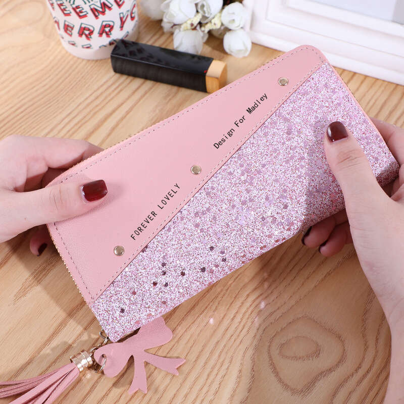 New Style Wallet Long Women's Zipper Purse Korean Version Patchwork Color Block Tassel Versatile Card Holder
