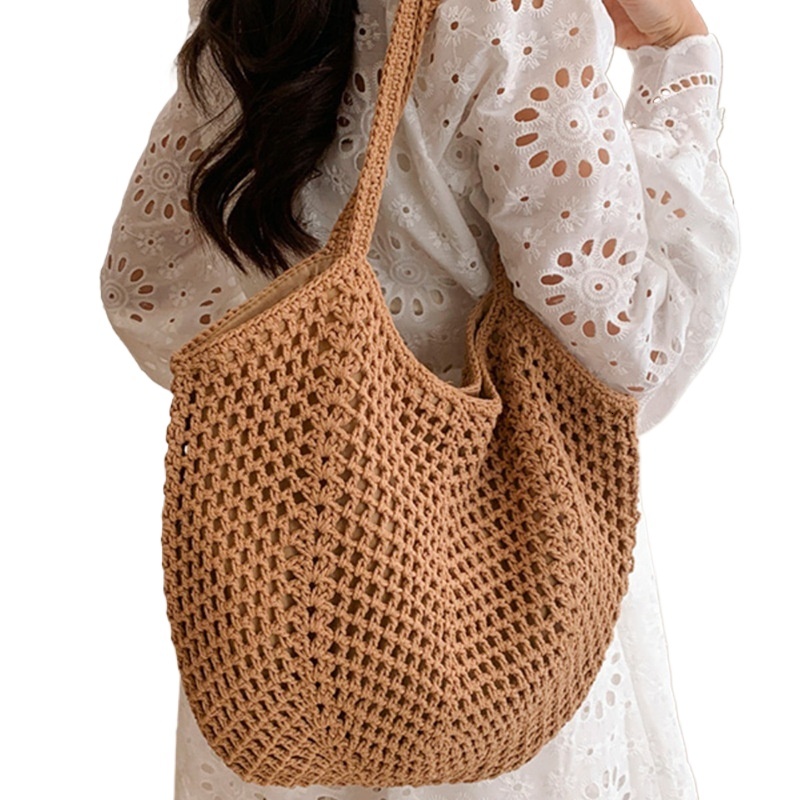 designer Cotton Rope Woven Bag for Women, Summer New Large Capacity Hollow Beach Bag, Casual Style Shoulder Tote Bag