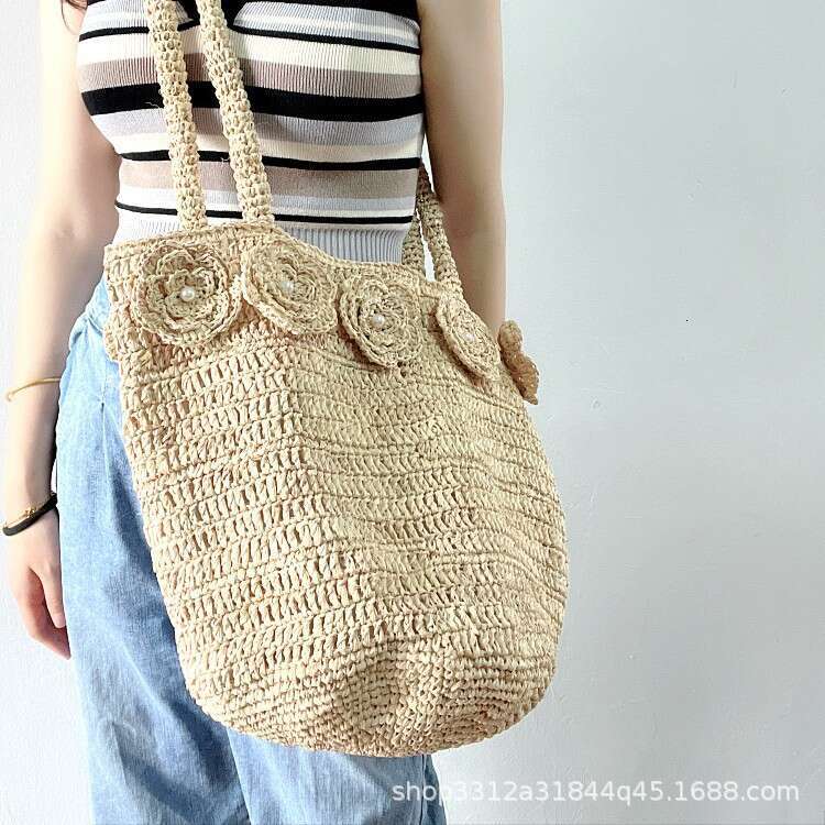 Straw Beach Tote Korean Style Sweet Outing Versatile Straw For Women Simple Fashion Flower Pearl Decoration Handmade Raffia Bag Crossbody Bag