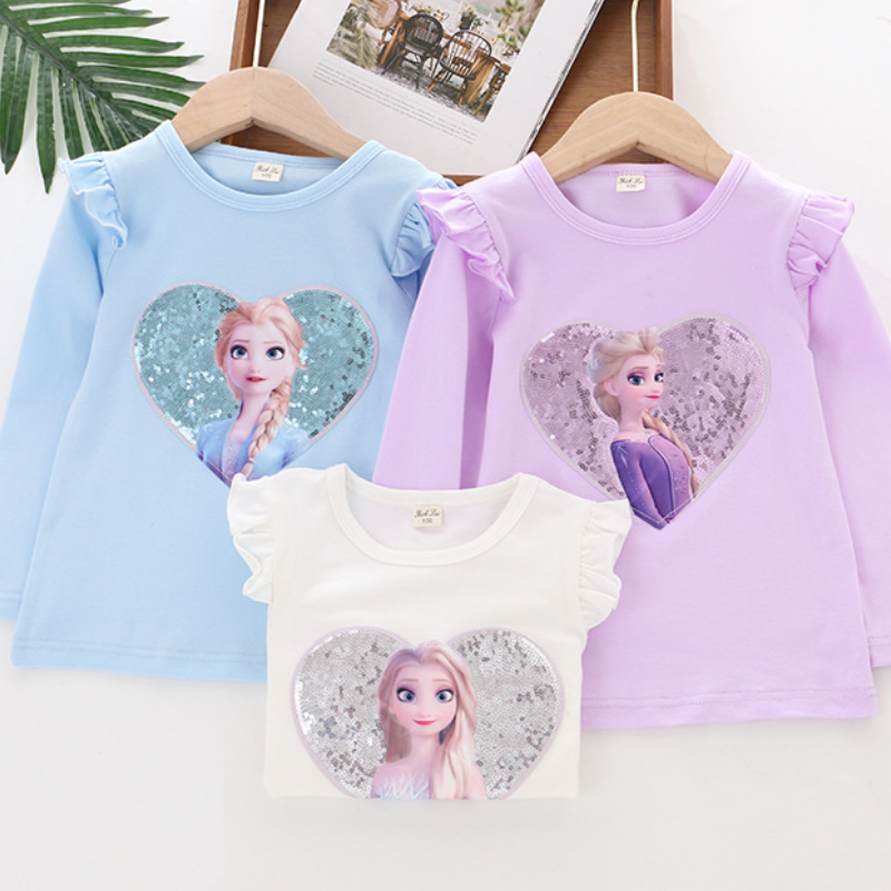 DISNEY Frozen Elsa princess infant designer clothes toddler designer clothes short-sleeved puffy-sleeve T-shirt Girls' T-shirt Love pattern cloth