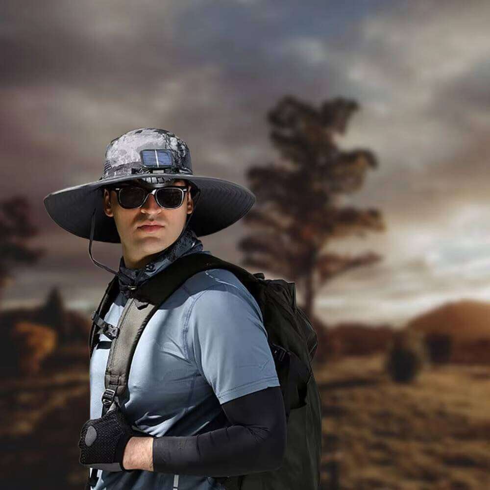 Summer Outdoor Men Wide Brim Sun Hiking Fishing Bucket USB Charging Solar Powered Fan Cooler Hat