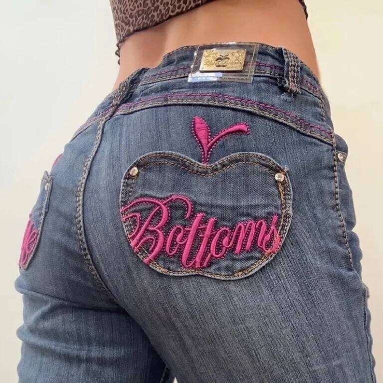 Apple Bottoms Womens Yellow Pocket Embroidery Baggy Jeans Y2k Women Clothes Haruku Gothic Hip Hop High Waist Slim Denim Pants