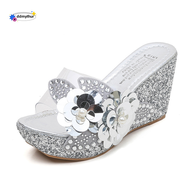 Wedge 2025 Summer New Rhinestone Sequin Flower Transparent Thick Sole Platform Slide Sandals for Women ddmythur