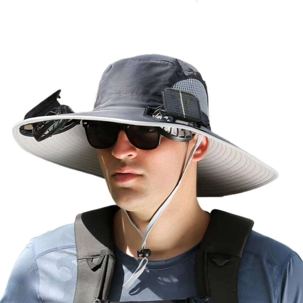 Summer Outdoor Men Wide Brim Sun Hiking Fishing Bucket USB Charging Solar Powered Fan Cooler Hat