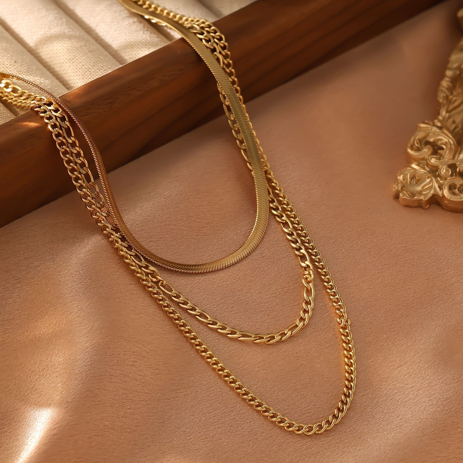 Hot Selling Stainless Double Layer Blade Snake Chain Bead Cross Necklace Fashion Titanium Steel