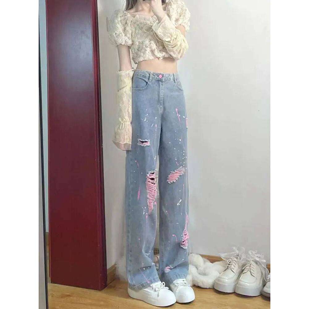 Woman Ripped Jeans Straight Leg High Waist Shot Loosefit Denim Pants For Women Pant Aesthetic 2025 Quality Teenagers Trousers