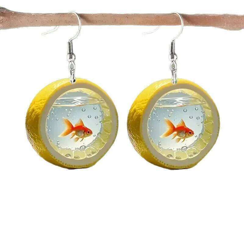 Cute Cartoon Lemon Fish Acrylic Print Drop Earrings For Women New Funny Round Carp Dangle Earring Creative Jewelry Birthday Gift