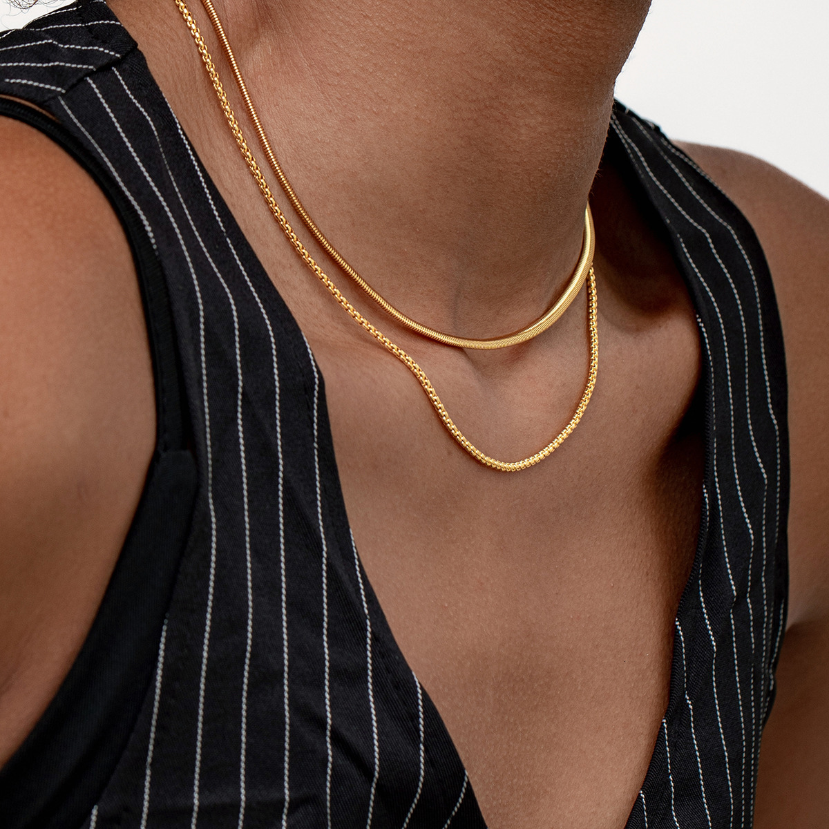 Titanium Steel Gold-Plated Box Blade Chain Double Layer Stacked Necklace Hot Selling Niche Design Light Women