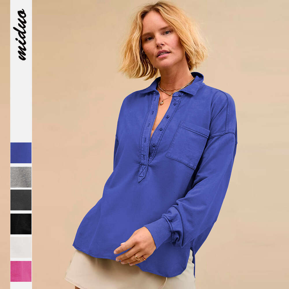 New Fashion Versatile Women's Loose Polo Collar Button Casual Long Sleeve Design Split Sweatshirt