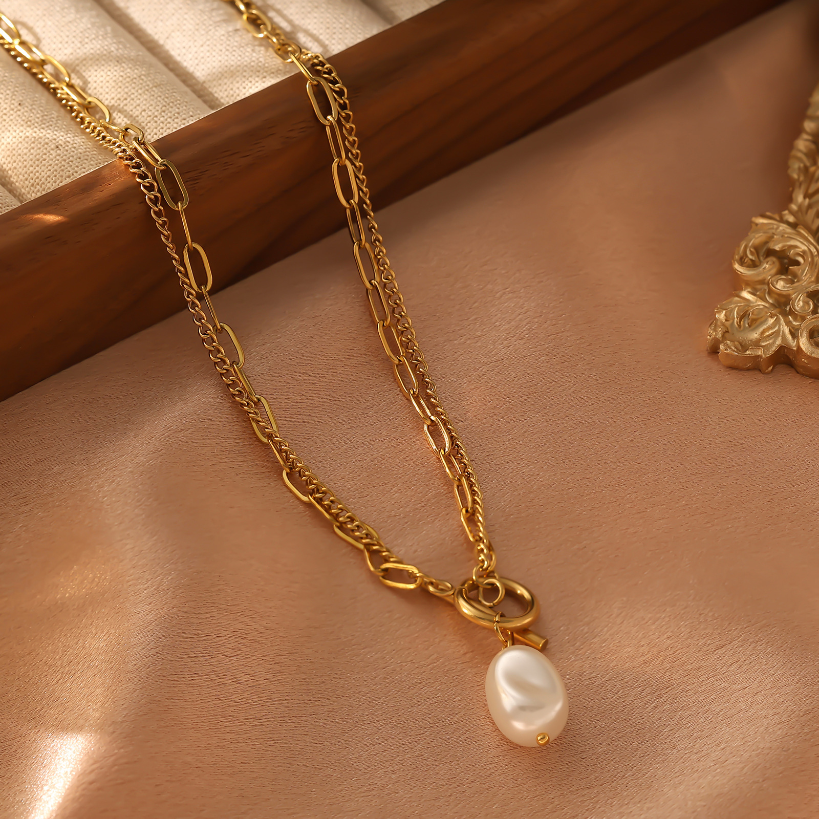 Hot Selling Stainless Double Layer Blade Snake Chain Bead Cross Necklace Fashion Titanium Steel