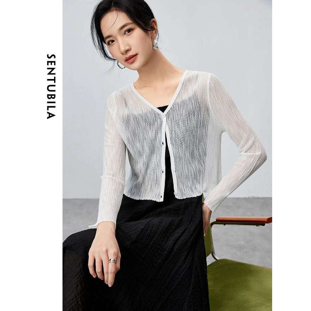 SENTUBILA V-Neck Casual Cropped Knitted Cardigan 2024 Summer Straight Single Breasted Solid Long Sleeve Tops Clothing W42h55364