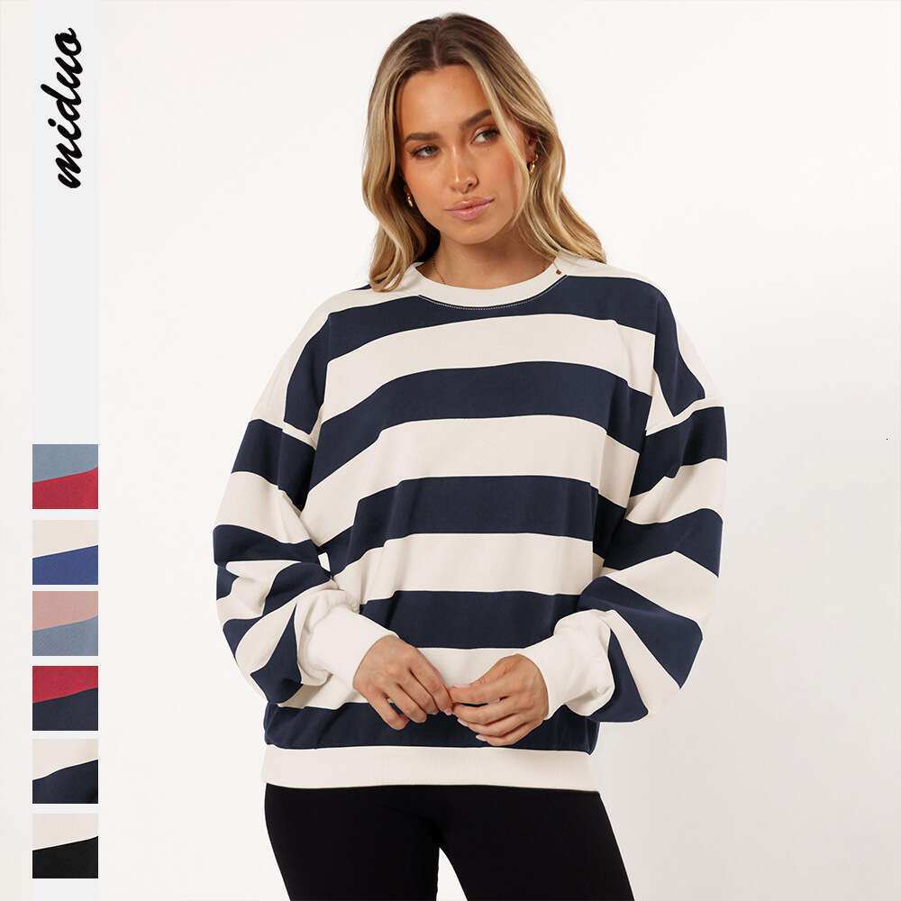 Hot-Selling Trendy Loose Fit Cool Striped Crew Neck Lantern Sleeve Women's Sweatshirt for Autumn and Winter