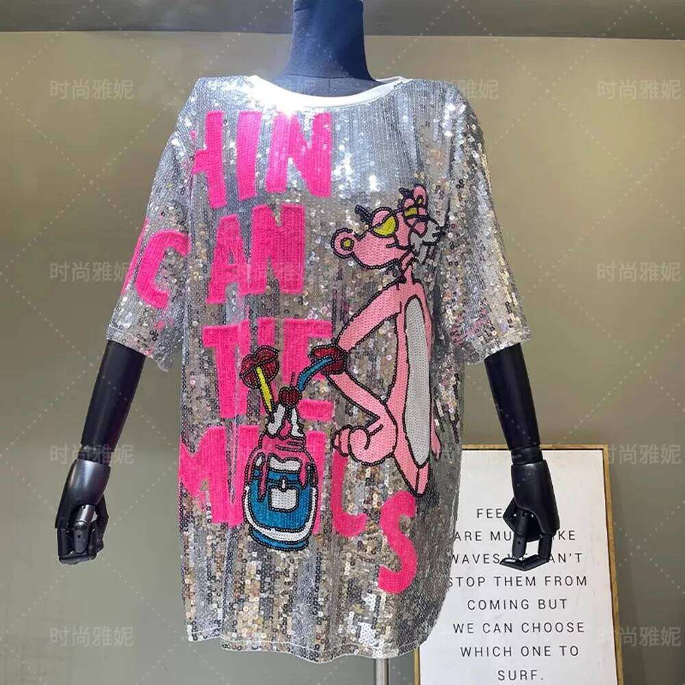 2025 Summer Women's Hip Hop Cartoon Print Loose Sequined Tops Y2k Short Sleeve Round Neck Night Club Long T-shirt Women