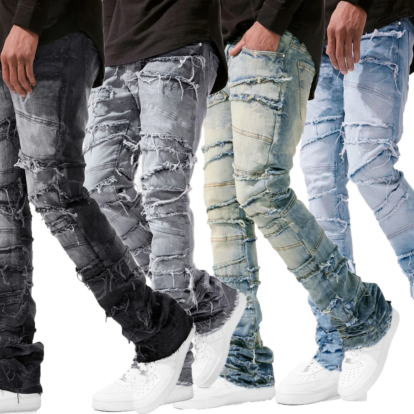 Stacked Jeans Men Patchworks Spliced Denim Ripped Wash Frayed Pants Males Streetwear Mens Tassel motorcycle jeans 250528