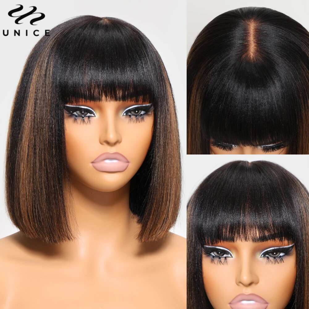 UNICE Yaki Straight Bob With Bangs Balayage Highlight Glueless Wigs Human Hair Ready To Wear 4x2 Lace Wig 150%