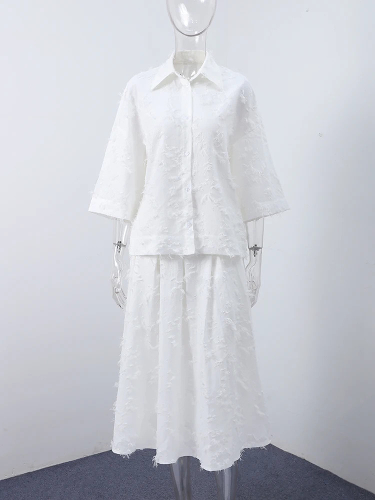 Elegant White Tassel Shirt Skirt Women Outfit Lapel Three-quarters Sleeve Shirts Pleated Skirts 2025 Summer 2 Pieces Lady Set 250530