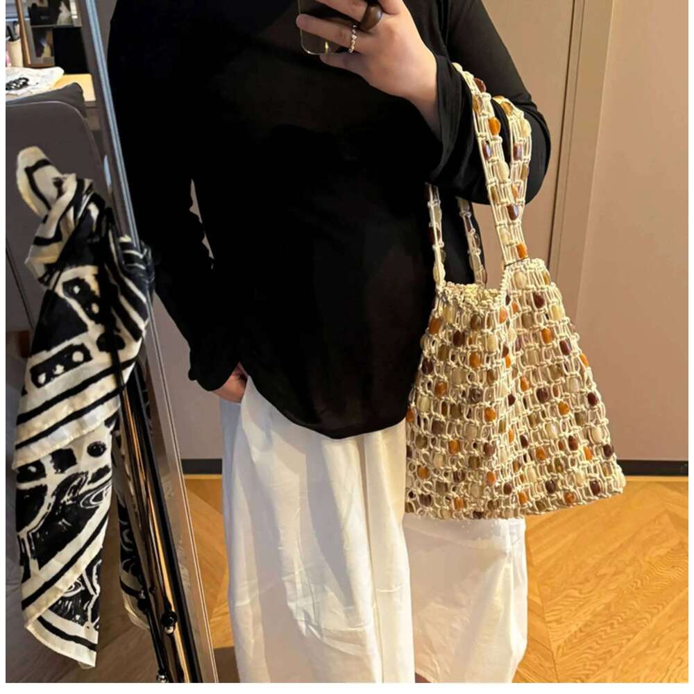 Ladies Summer Beaded Woven Bag Bucket Phone Purse Handmade Hollow Out Cotton Rope Crochet Bag Handbag For Girls