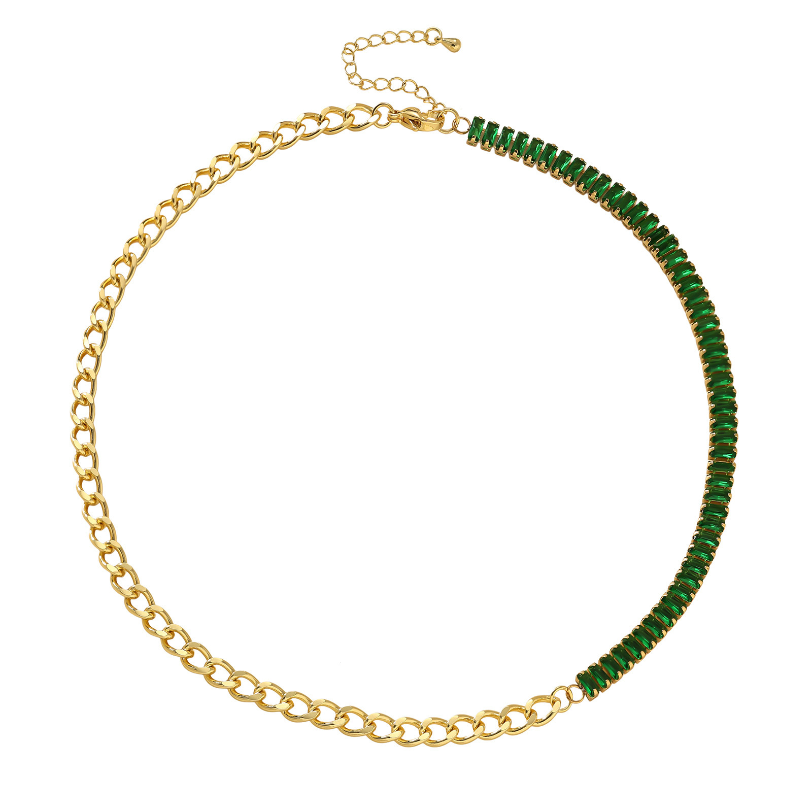 Minimalist Emerald Zircon Polished Cuban Necklace Simple Elegant Titanium Steel Vacuum Bracelet for Women