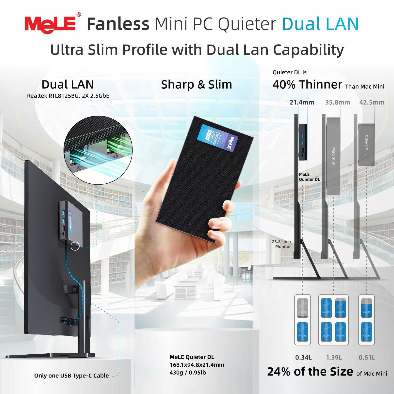 MeLE QuieterDL Fanless Mini PC 2.5Gb Dual LAN N100 Micro PC USB-C HDMI2.0+DP1.4 Triple Display Desktop Computers X250602