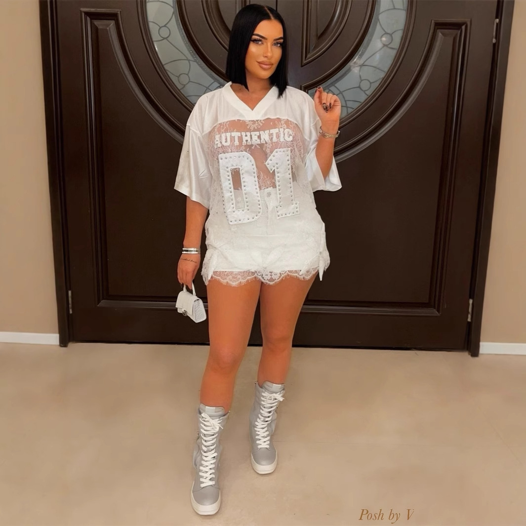 Designer T Shirt Autumn New Cross Border Printed Loose Casual Street See Through Sexy Lace Patchwork T Shirt Short Sleeve Top Essentials Summer Dress