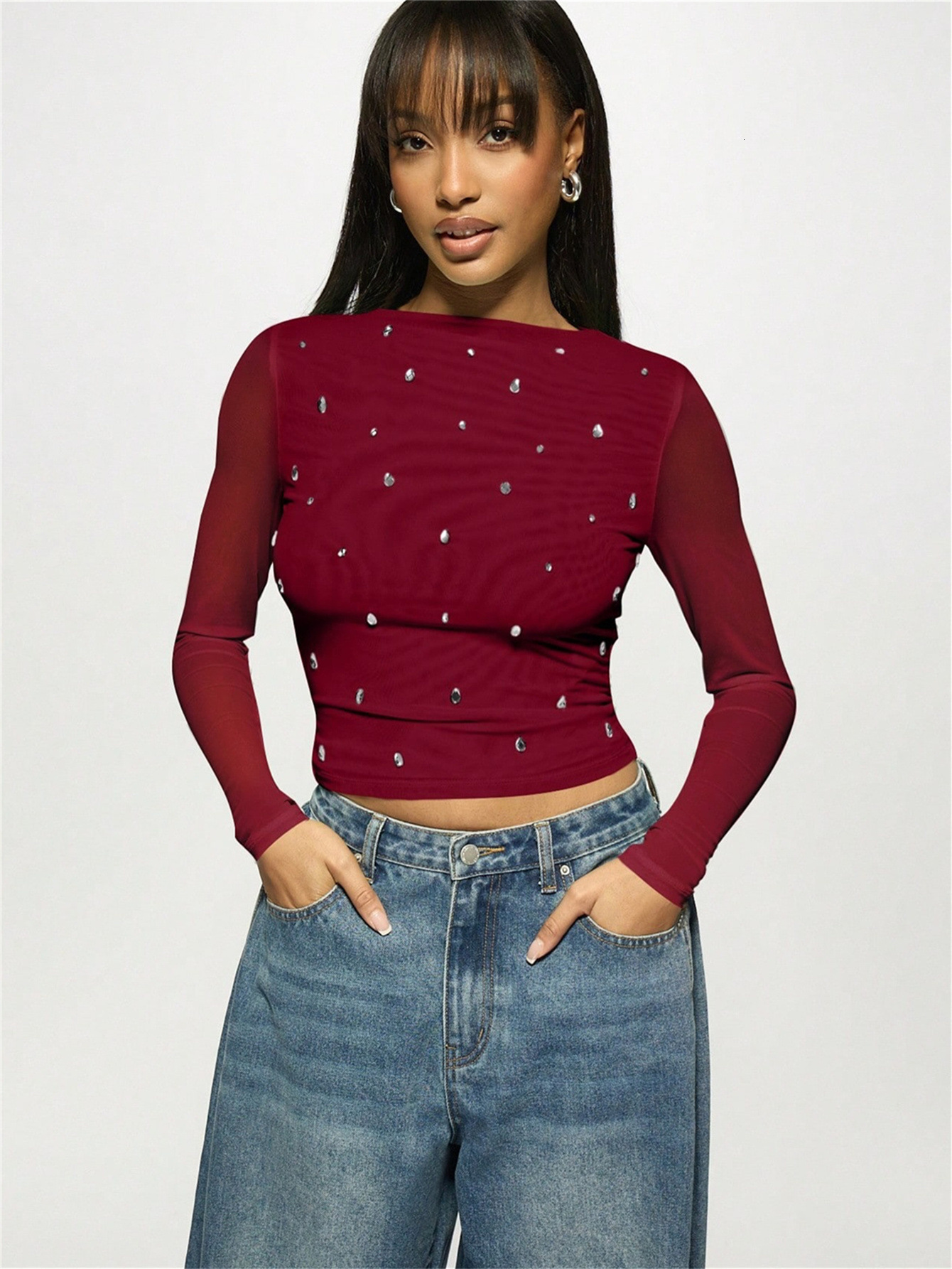 Designer T Shirt New European And American Women S Fashion Casual Printed Slim Fit Mesh Semi Transparent Hollow Long Sleeve T Shirt Essentials Summer 