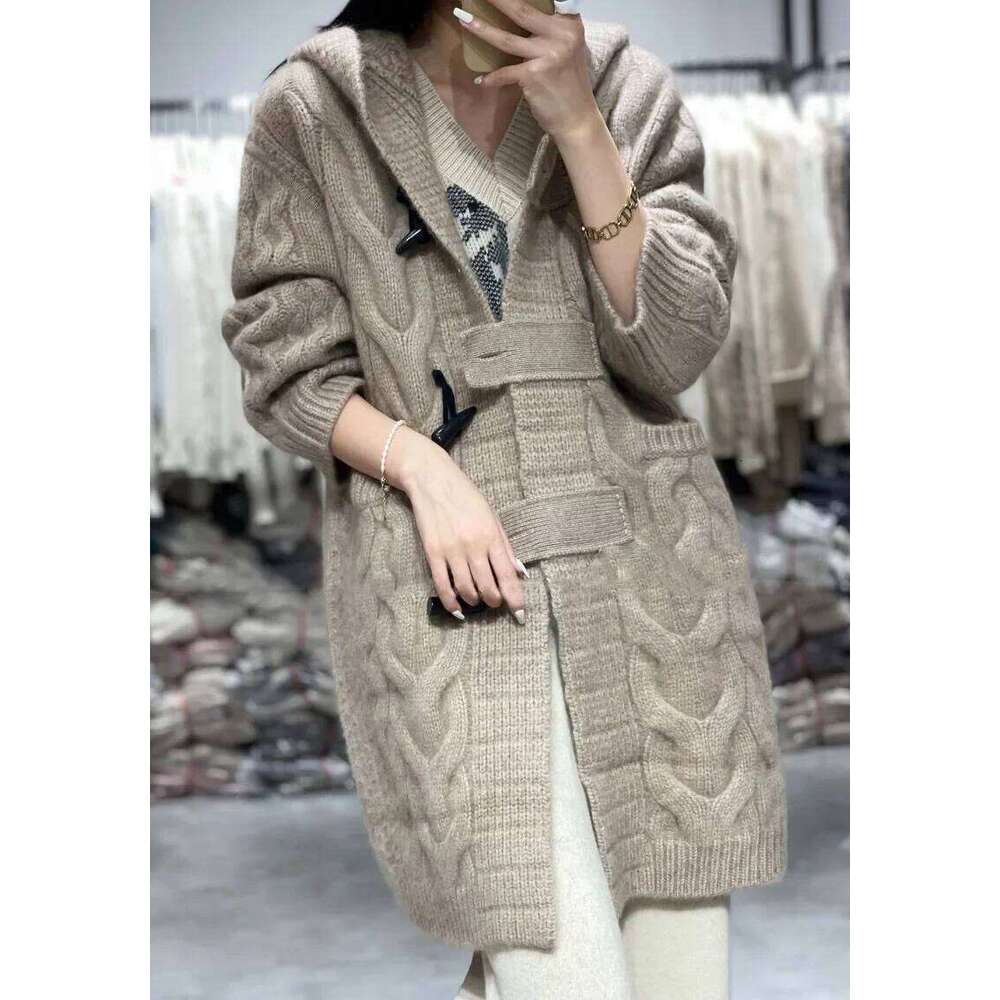 Women's Long Loose Hooded Cardigan Cashmere Sweater Knit Coat Thick Horn Button For Lazy Wind Fall Winter