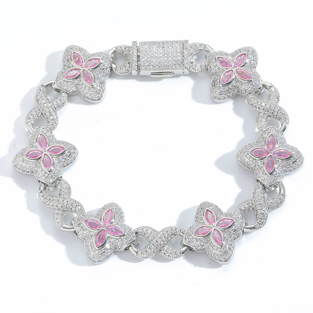 Hip Hop Pink Moissanite Four-Leaf Clover Bracelet Fashion Trendy Cool High-End 5A Moissanite Unisex Accessories moissanite