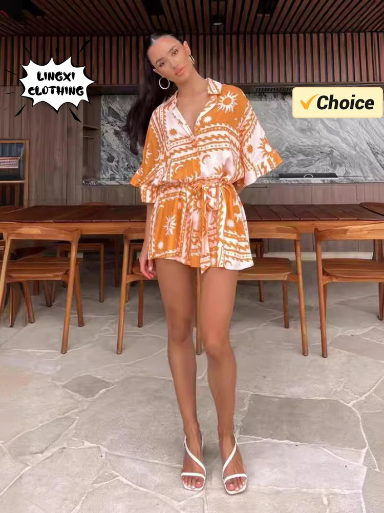 Summer Fashion Womens Printed Short Jumpsuit with Waist Tie Up and Lapel Half Open Holiday Style Womens Wear 250528