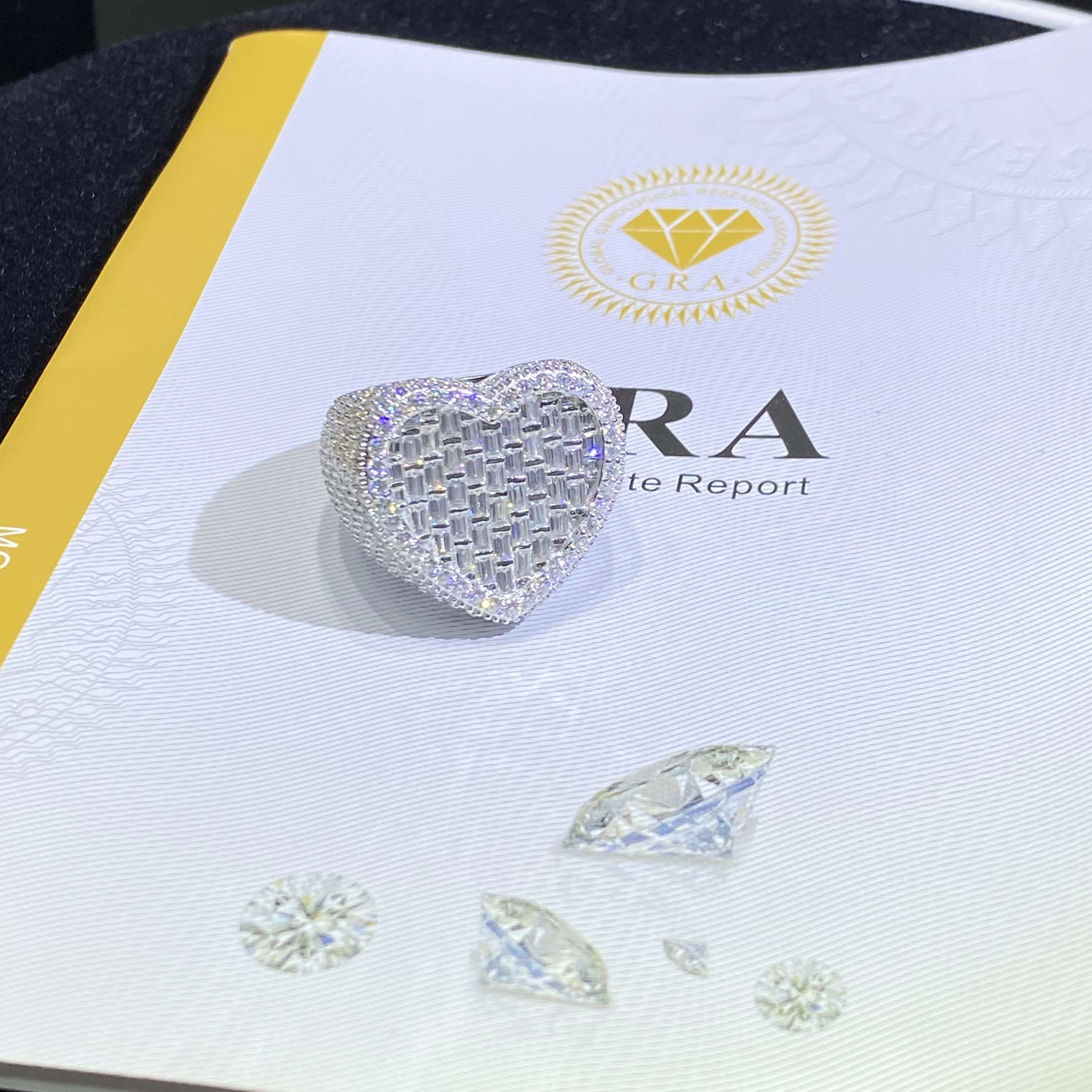 Heart Shape Baguette Cut Moissanite Ring 925 Sterling Silver With 18K Gold Plating Passes Diamond Test VVS Hip Hop Jewelry