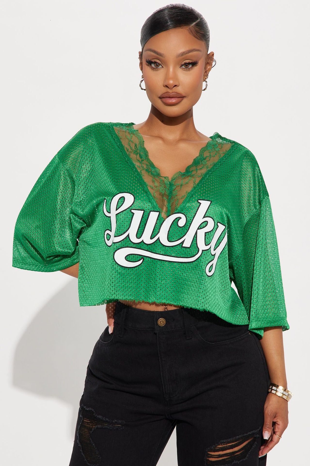 Designer T Shirt Summer New European And American Fashion Retro Street Letter Print Loose V Neck Lace Patchwork Short Sleeve T Shirt Essentials Summer