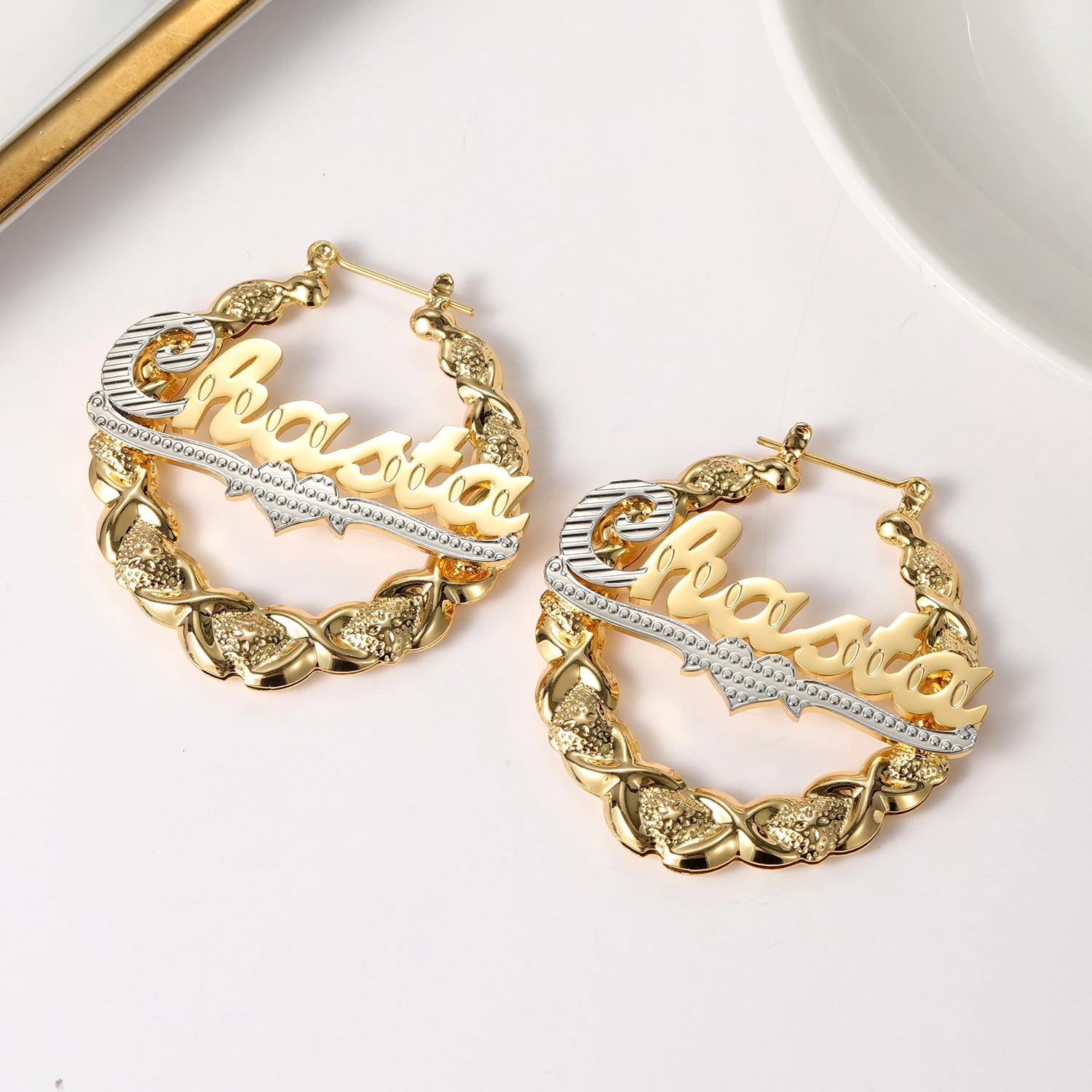 Qitian XOXO Hoop Name Earrings Custom Heart Names Earring Bamboo Earrings Nameplate Personalized XO Earrings For Women Gifts 250529