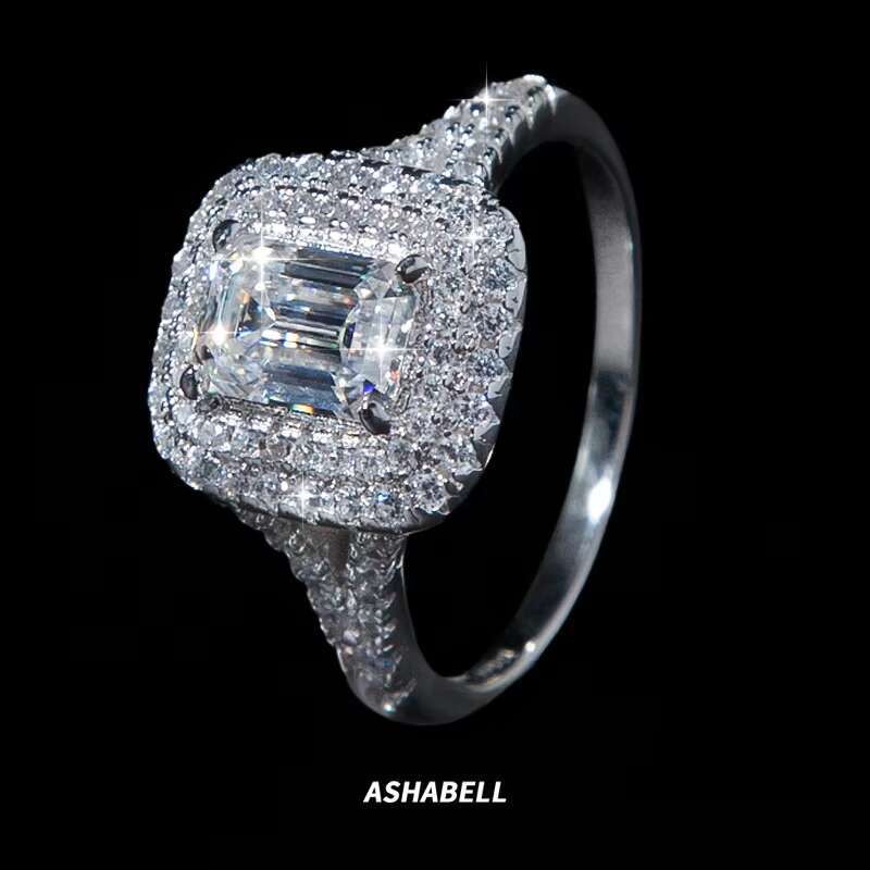 With GRA Certificate S925 Sterling Silver 5*7mm 1ct Emerald Cut Moissanite Ring for Women Engagement Wedding Band