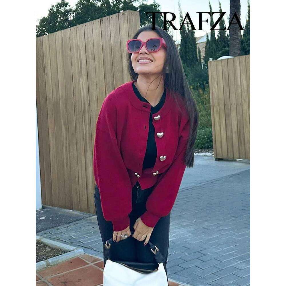 TRAFZA Women Fashion Solid Tops Heart-Shaped Buttons Cardigans Female Spring Casual Long Sleeve O-Neck Knitting Sweaters Coats