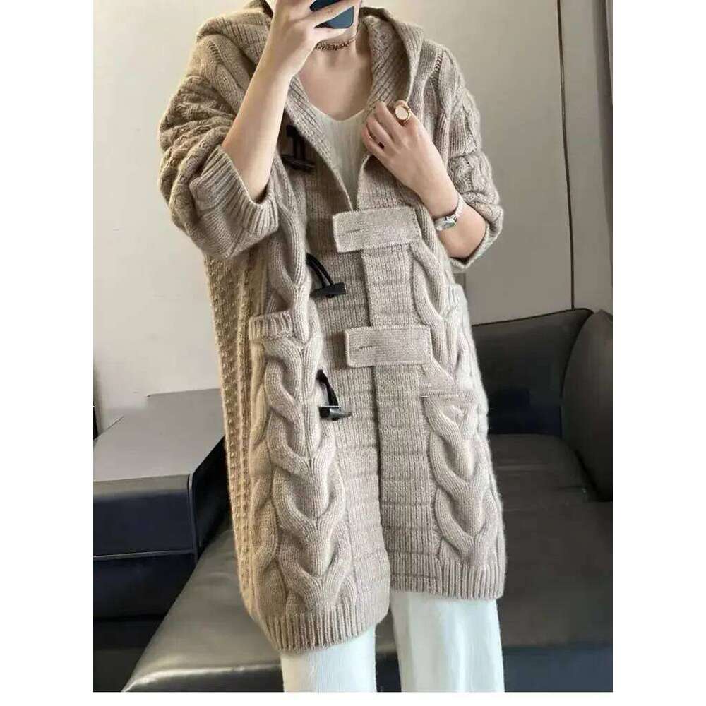 Women's Long Loose Hooded Cardigan Cashmere Sweater Knit Coat Thick Horn Button For Lazy Wind Fall Winter