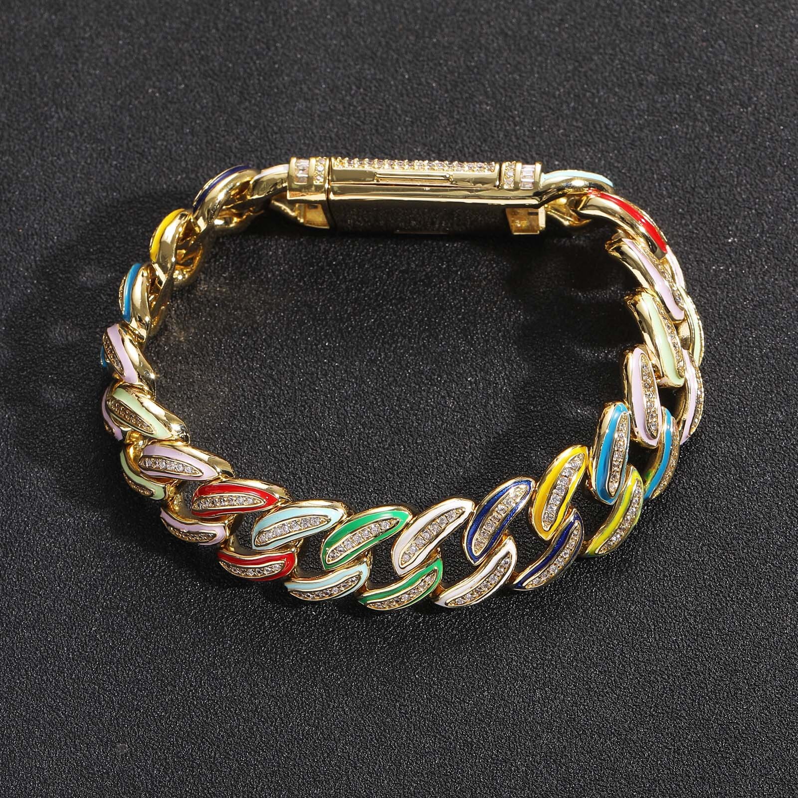 Hip Hop Meisa New 15mm Colorful Oil Drip Cuban Chain High-end Copper Inlaid Moissanite Trendy Bracelet Niche Jewelry moissanite