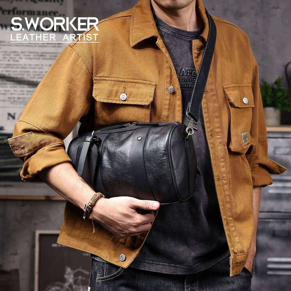 Genuine Men's Shoulder Crossbody Bags Simple Cowhide Bag Top Layer Vegetable-Tanned Leather Fashion Casual Style