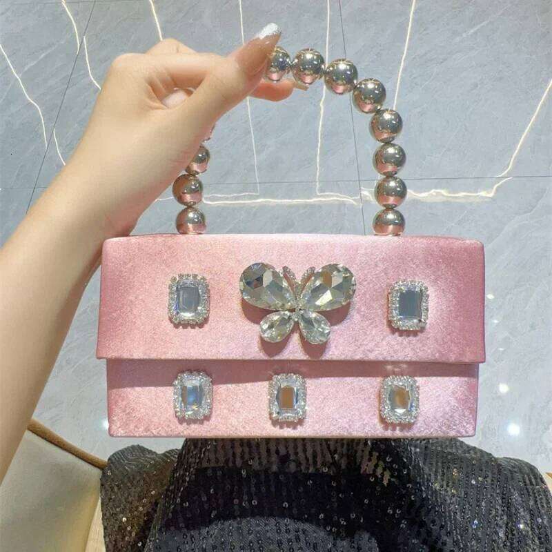 Shiny Silk Hot Pink Evening Bags Women Dia Box Handbag Rhinestone Butterfly Pearl Square Crossbody Bag Ladies Bolsas