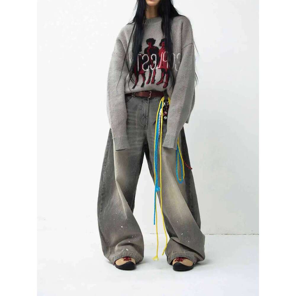 Grey Women's Jeans Baggy Fashion Vintage Streetwear Y2k Wide Leg Straight Jean High Waist Trouser Classic Oversized Denim Pants